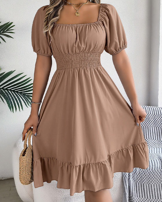 Square Neck Cinched Waist Ruffle A-Line Dress