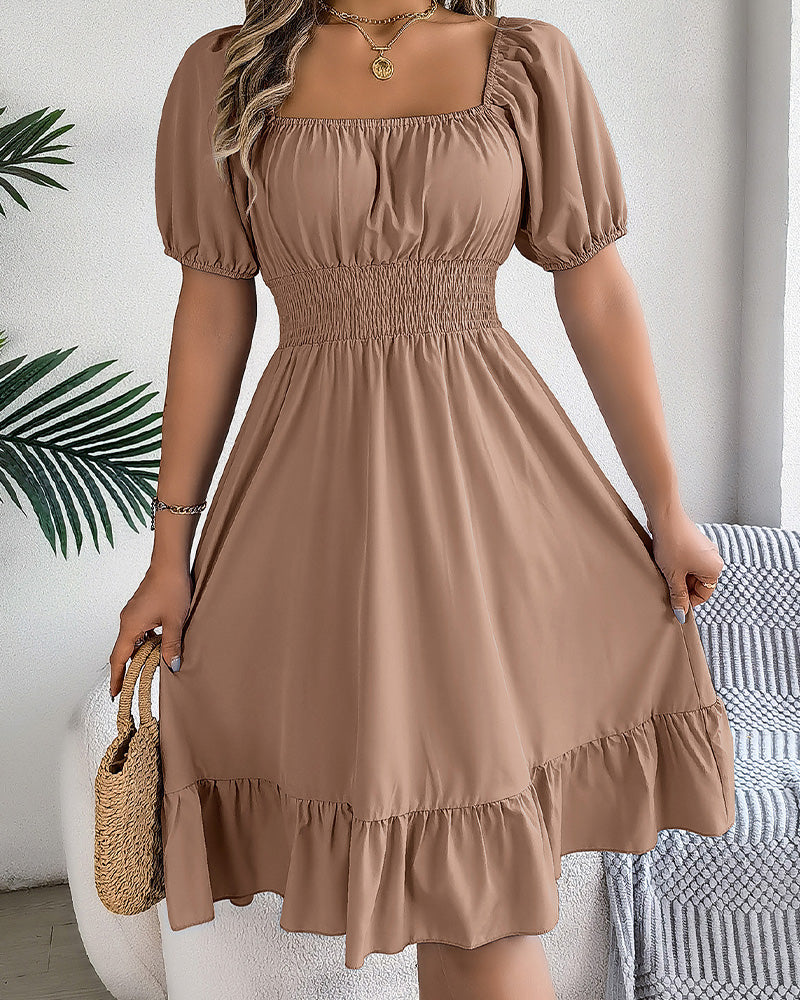 Square Neck Cinched Waist Ruffle A-Line Dress