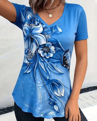 Floral V-Neck Short Sleeve T-Shirt