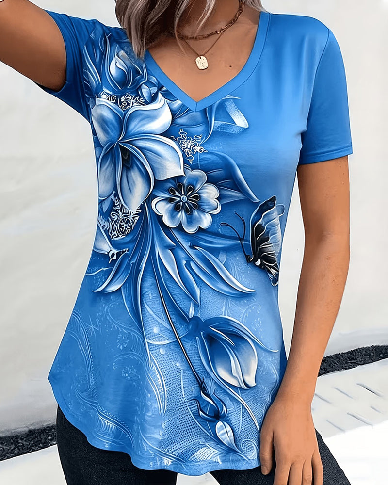 Floral V-Neck Short Sleeve T-Shirt