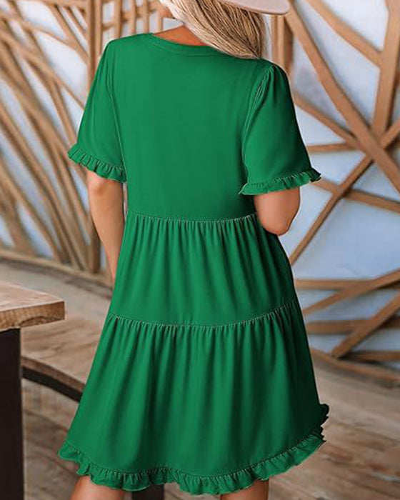 Ruffle Trim V-Neck Tiered Hem Dress
