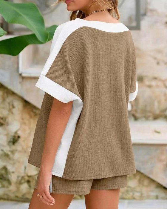 Color Block Short Sleeve Shorts Casual Set