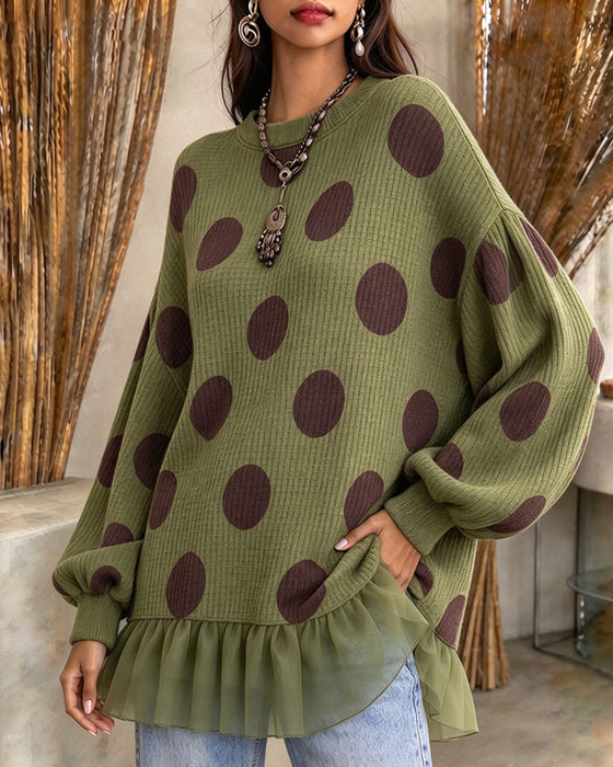 Round Neck Polka Dot Ruffle Sweatshirt