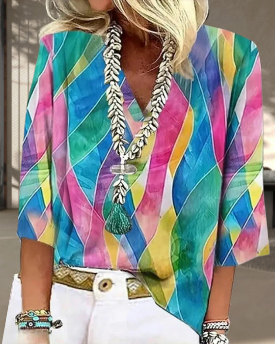 V-Neck Contrast Color Blouse