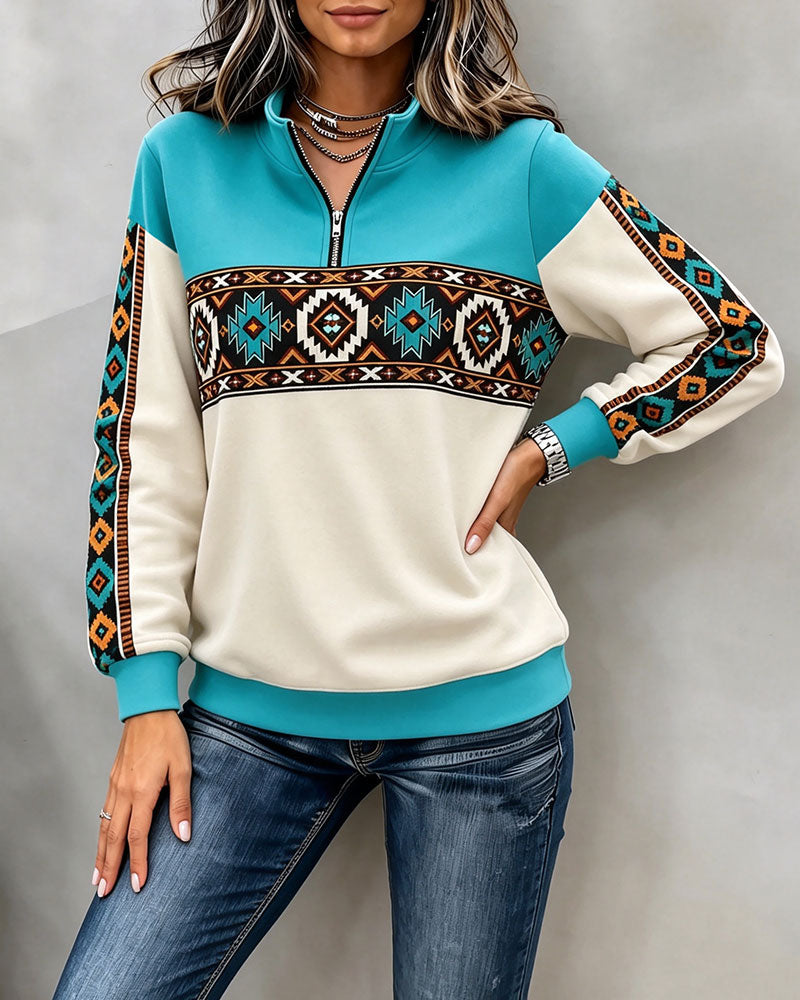 Ethnic Geometric Print Half-Zip Mandarin Collar Hoodie