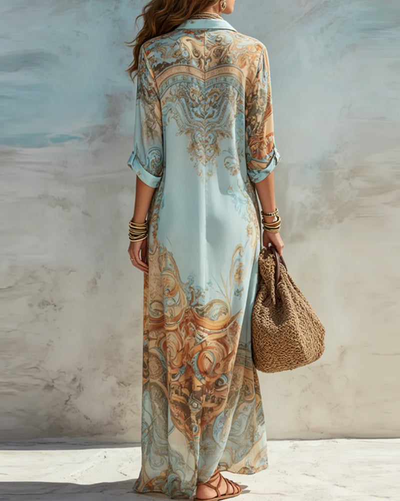 Vintage Oil Painting Print Shirt Maxi Dress