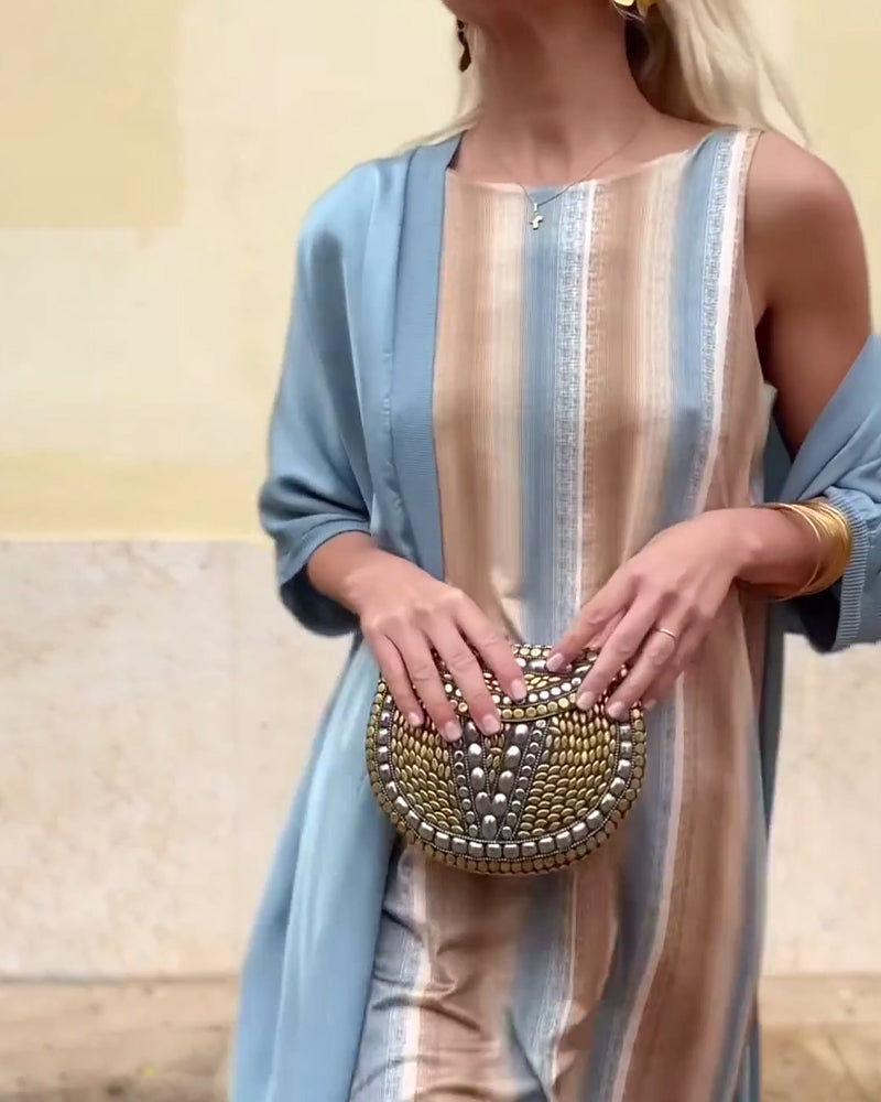 Striped Sleeveless Maxi Dress + Cardigan Set