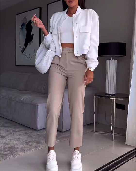 Solid color pocket casual suit pants