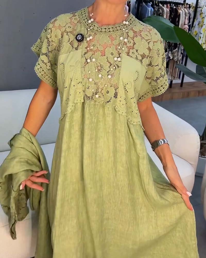 Elegant Lace Trim Patchwork Maxi Dress