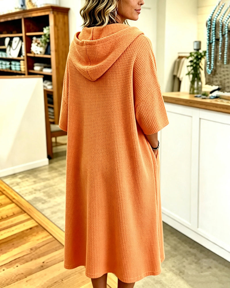 Zip Waffle Hooded Three-Quarter-Sleeve Dress