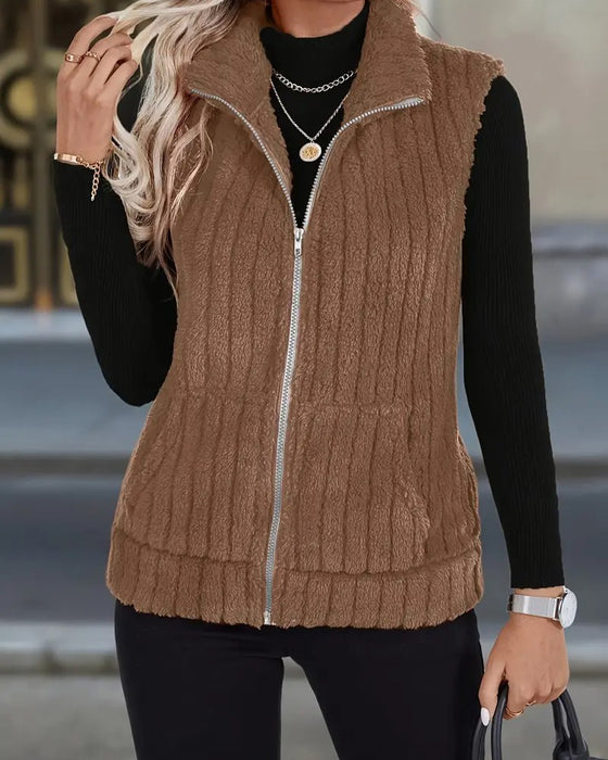 Cozy Plush Stand Collar Vest Coat