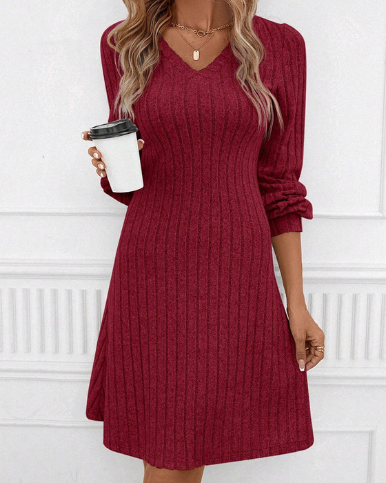 V-neck ribbed solid color dress