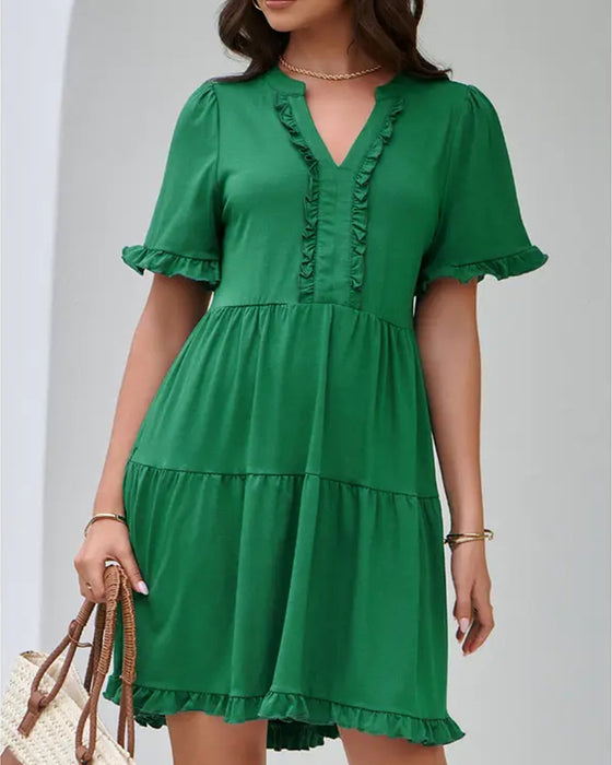 Ruffle Trim V-Neck Tiered Hem Dress