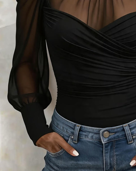 Mock Neck Off-Shoulder Cross Sheer Top