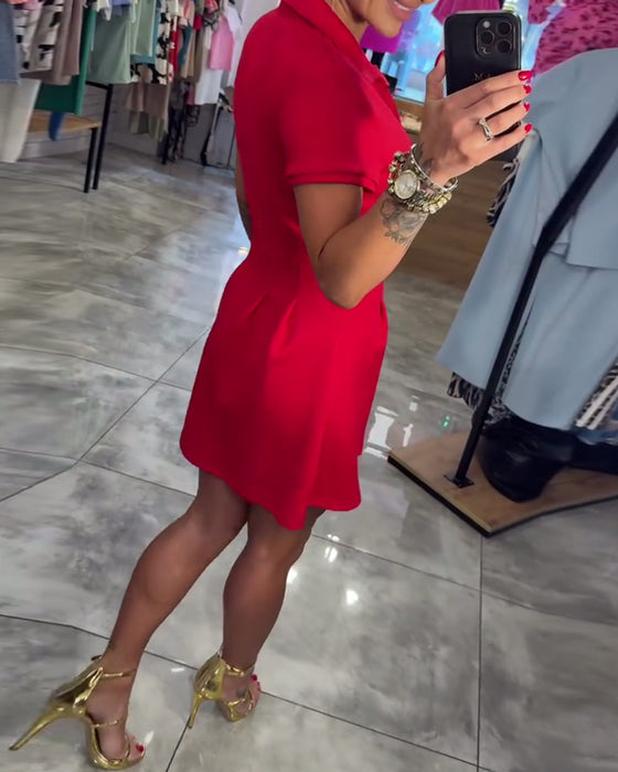 Lapel Short Sleeve Pleated A-Line Dress