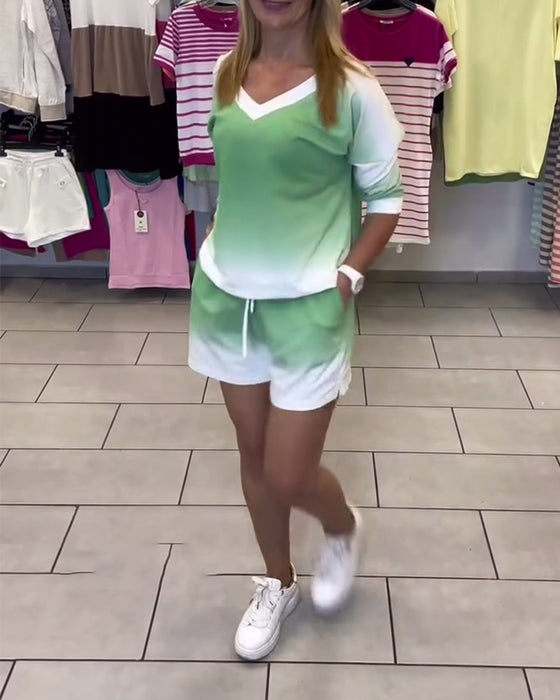 Long-Sleeved V-Neck Gradient Sports Set