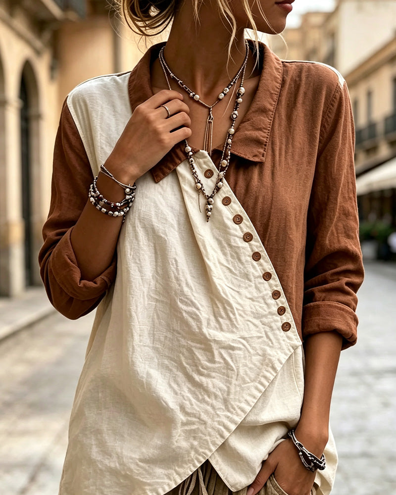 Patchwork Button Color-Block Shirt