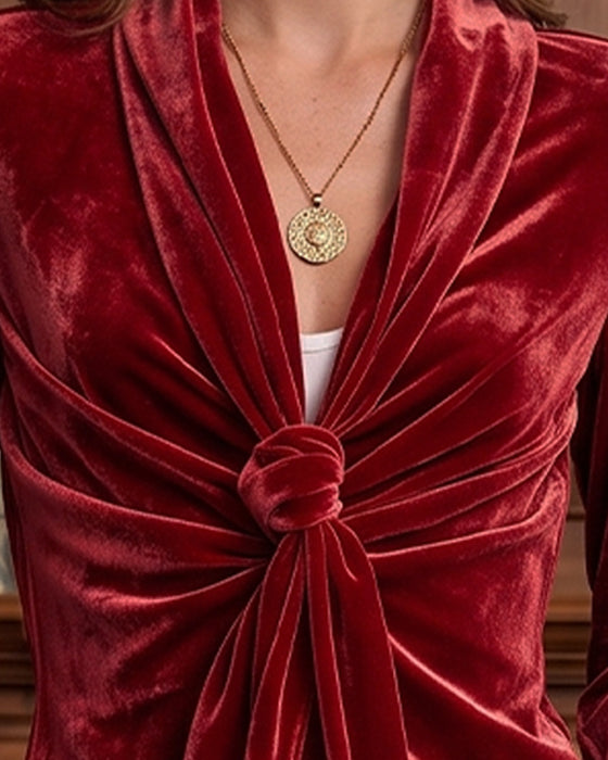 V-Neck Knot Shirred Long-Sleeved Top