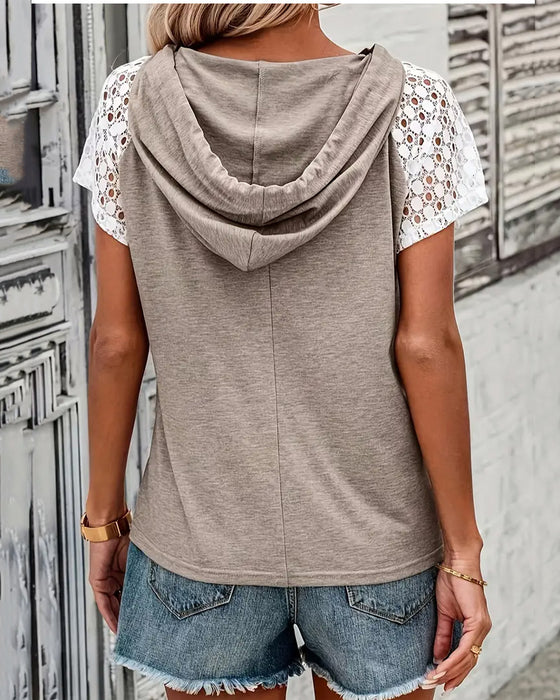 Hooded Hollow Lace Casual Blouse