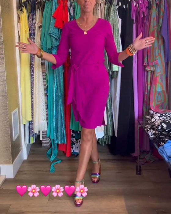 V-neck slim solid color dress