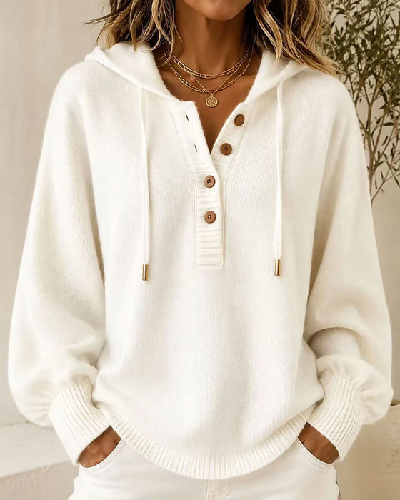 Hooded Button Lantern Sleeve Drawstring Sweater Pullover