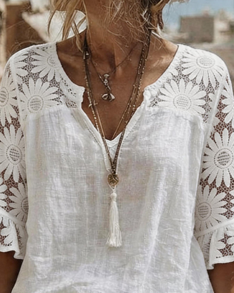 V-Neck Daisy Patchwork Blouse