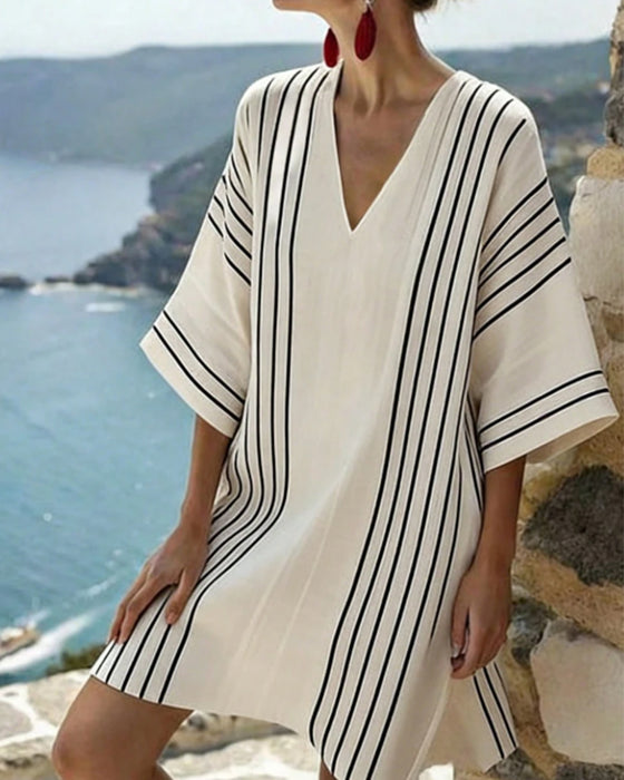 Off White Black Stripe V Neck Dress