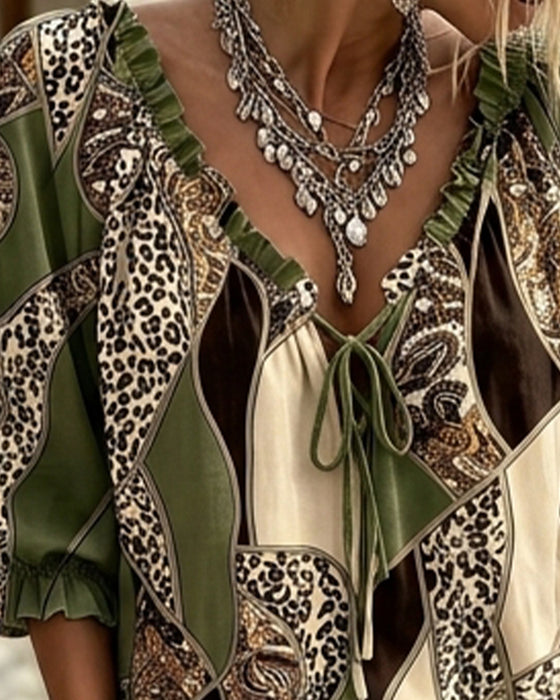V-Neck Leopard Puff Sleeve Tie Blouse