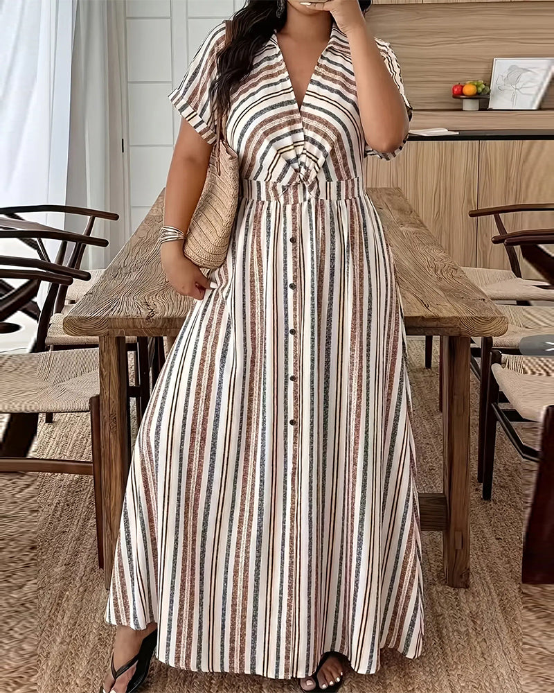 Striped Short Sleeve Lapel Dress