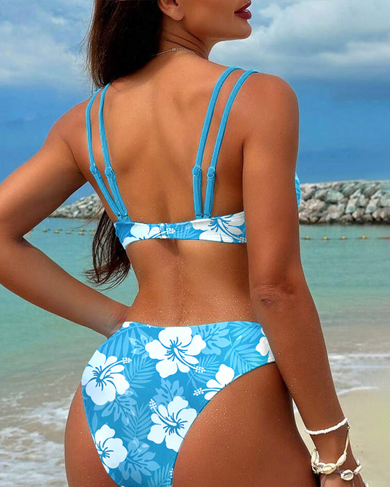 Two-Piece Double Strap Printed Triangle Swimsuit