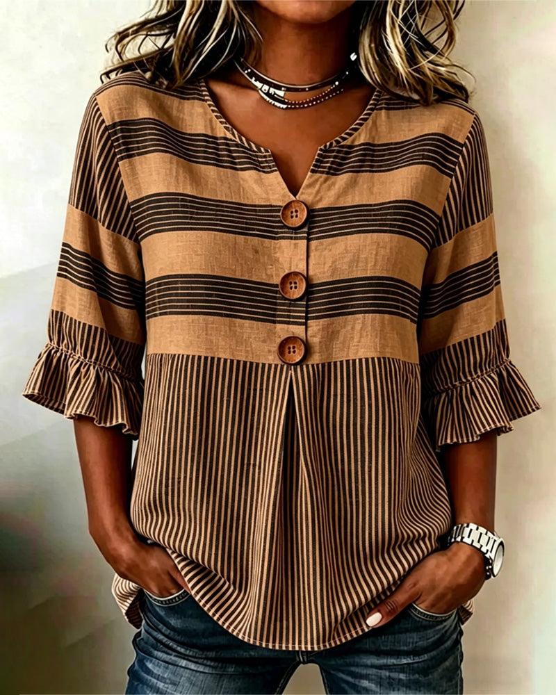 V-Neck Ruffle Striped Patchwork Blouse