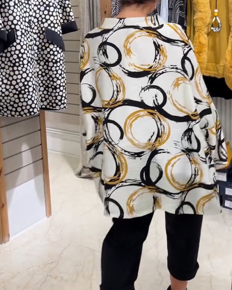 Stand Collar Button Novelty Print Shirt