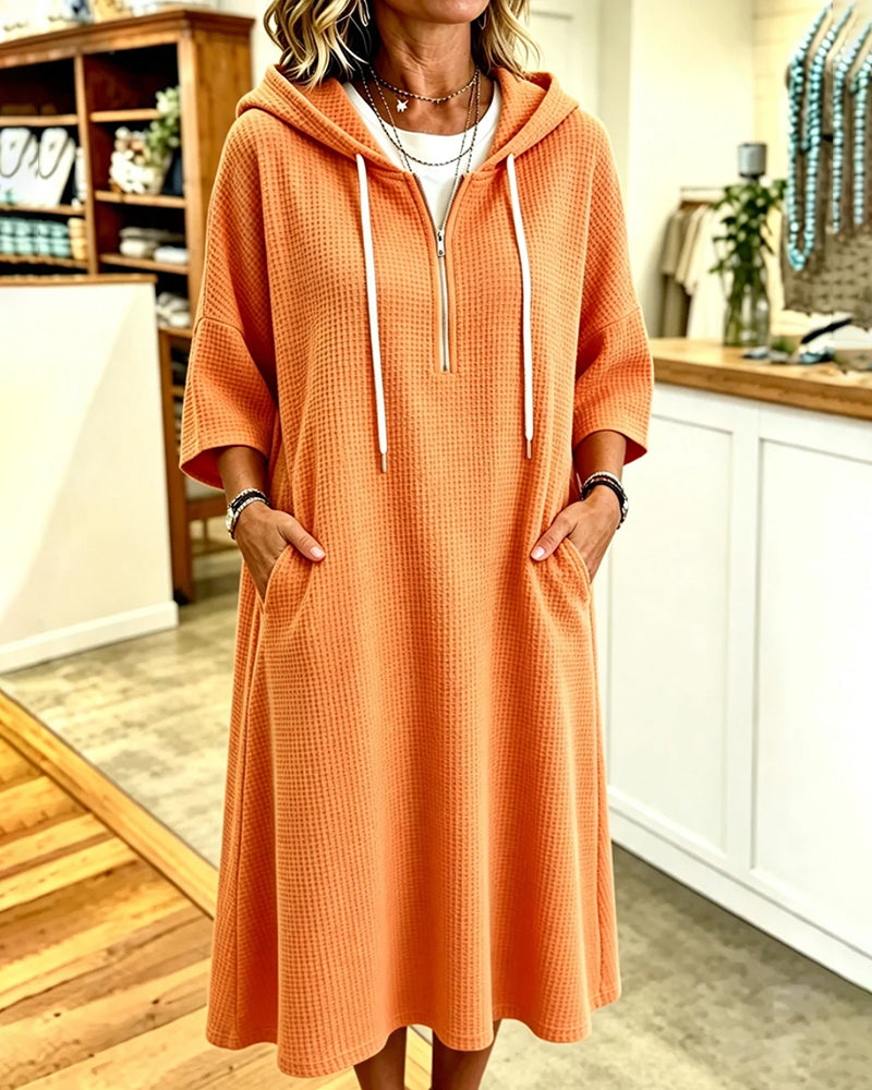 Zip Waffle Hooded Three-Quarter-Sleeve Dress