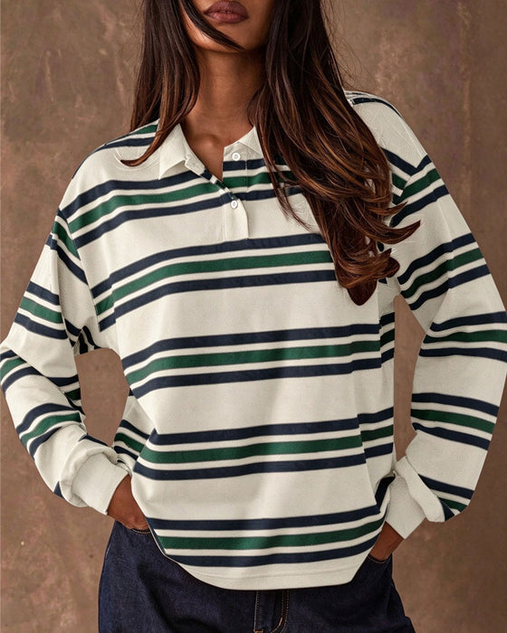 Lapel Color Block Striped Long Sleeve Top