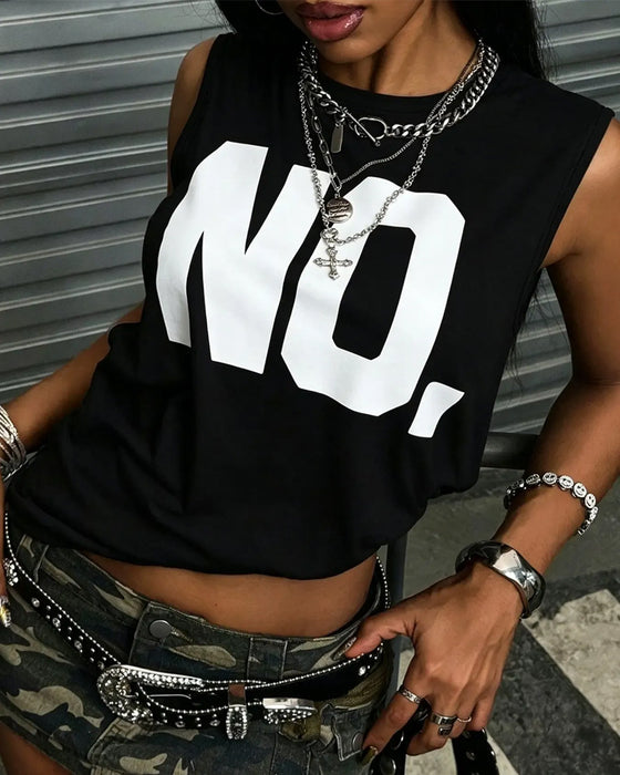 Round Neck Sleeveless Letter Solid T-Shirt