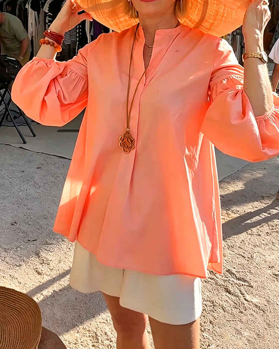 Solid Color V-Neck Lantern Sleeves Blouse