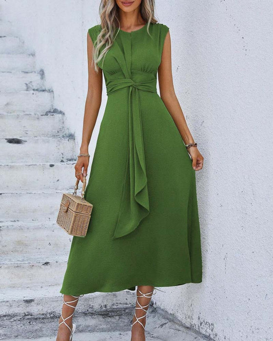 Solid Color Cinched Waist Tie Dress