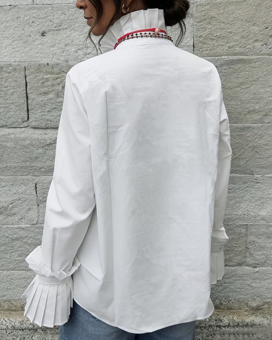 Pleated Lapel Solid Long Sleeve Shirt