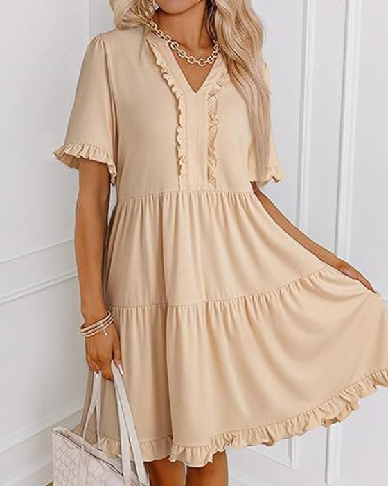 Ruffle Trim V-Neck Tiered Hem Dress