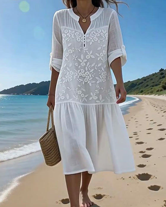 V-Neck Embroidered Vacation Style Dress