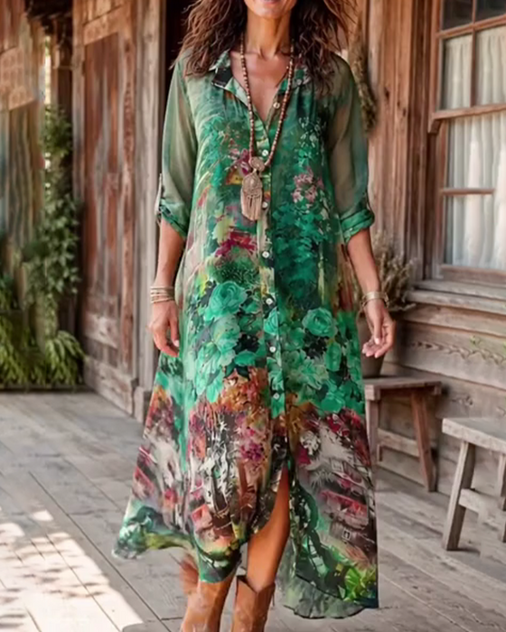Shirt Collar Slit Floral Dress