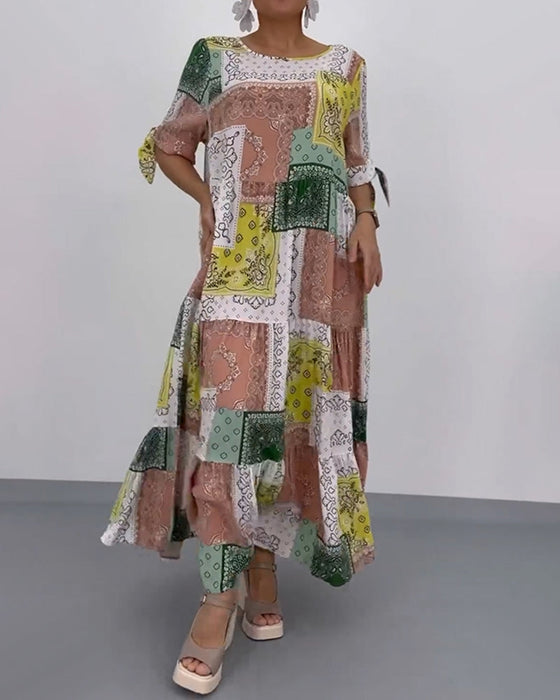 Loose round neck square print long dress