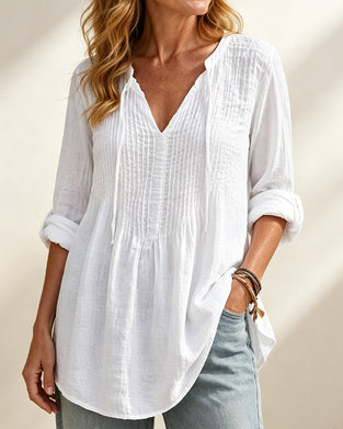 V-Neck Drawstring Solid Blouse