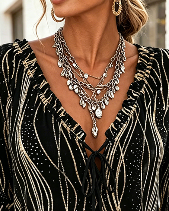 Wave Ruffle Trim V-Neck Tie Blouse