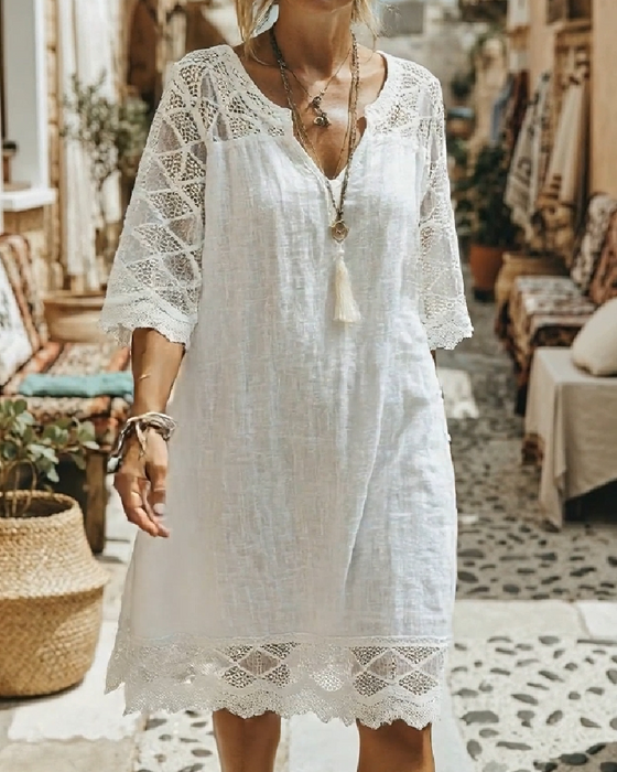 V-Neck Lace Patchwork Casual Dress