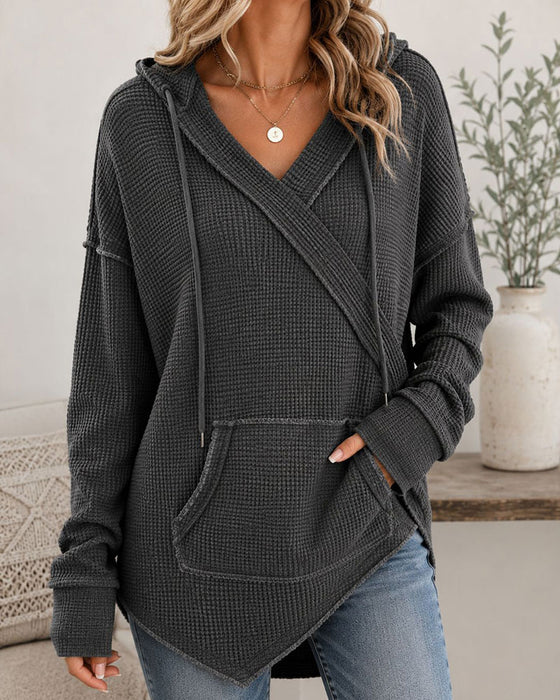 Waffle Drawstring Pocket Hoodie