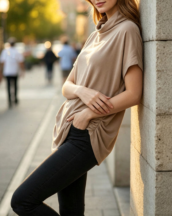 Mock Neck Short Sleeve Side Ruched Blouse