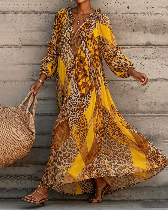 Leopard Color Block Ruffle V-Neck Dress