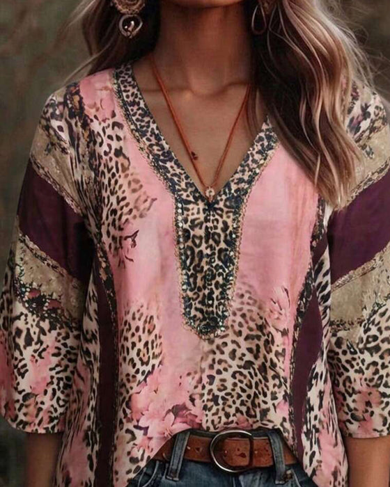 V-Neck Leopard Color-Block Blouse