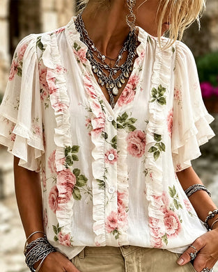 Floral Ruffle Double-Layered Hem Blouse
